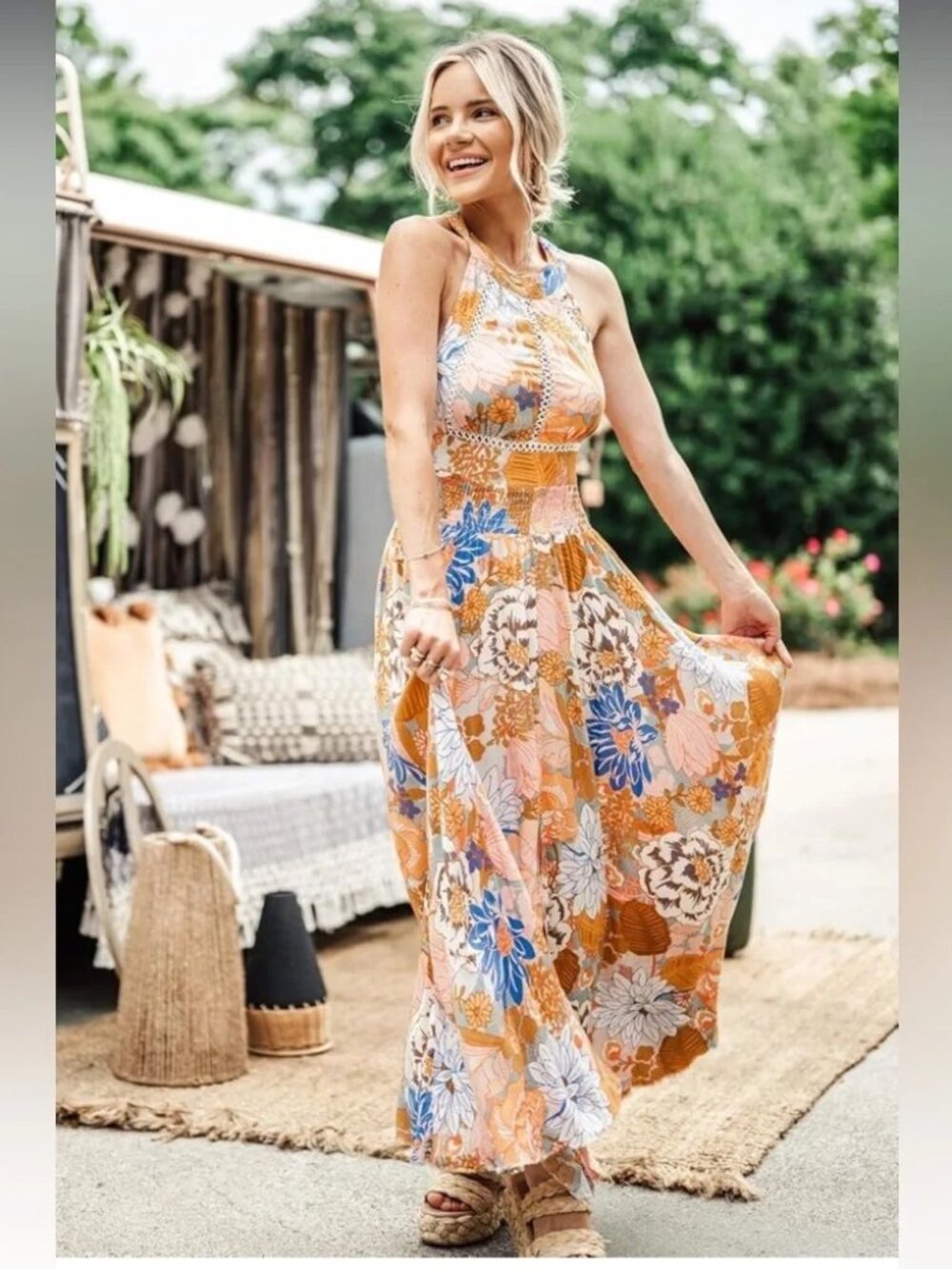 Petal & Pup Floral Maxi Dress in Orange and Blue